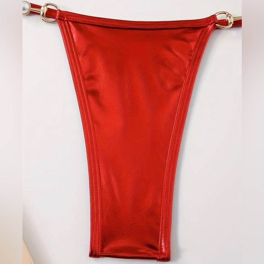 Red Metallic Triangle Halter Thong Bikini Set - Picture 10 of 12